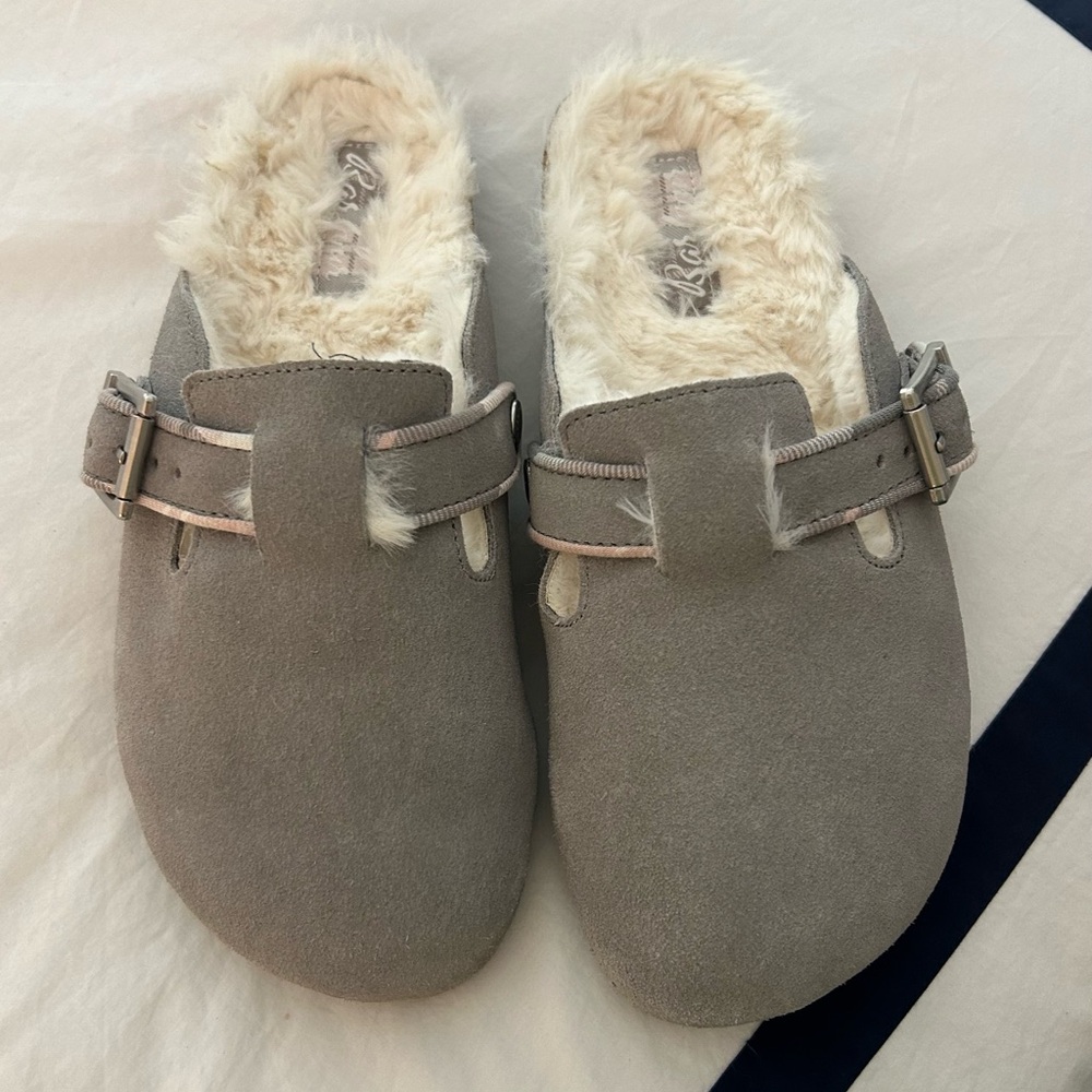 New Barbour Clog Suede Fur Lined Slippers Grey Pink Plaid Women's size US 6